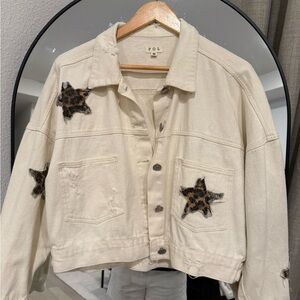POL Cream Leopard Star Women's Jean Jacket